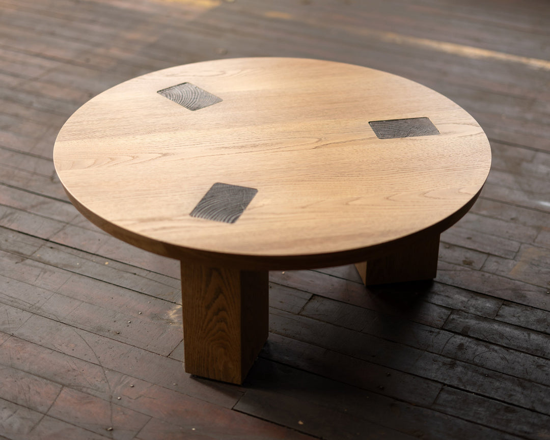 Round Wood and Bronze Coffee Table Medium Tone