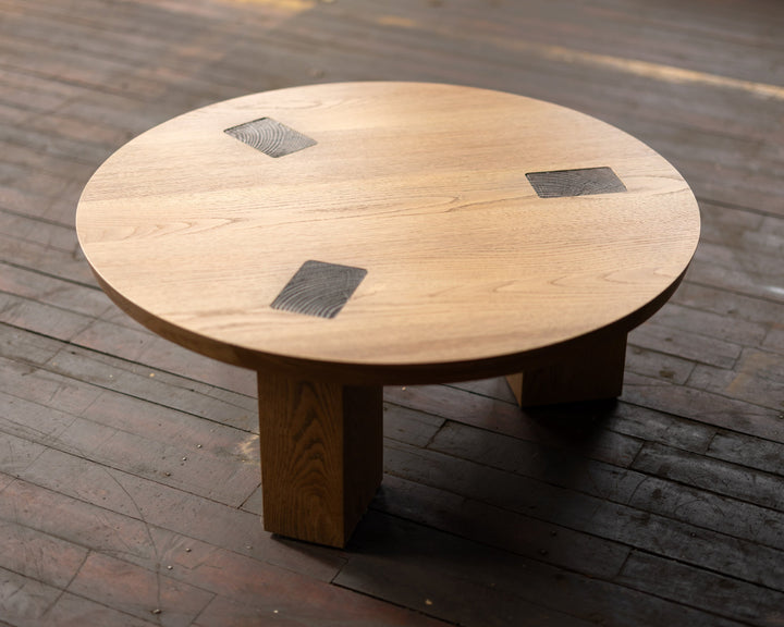 Round Wood and Bronze Coffee Table Medium Tone