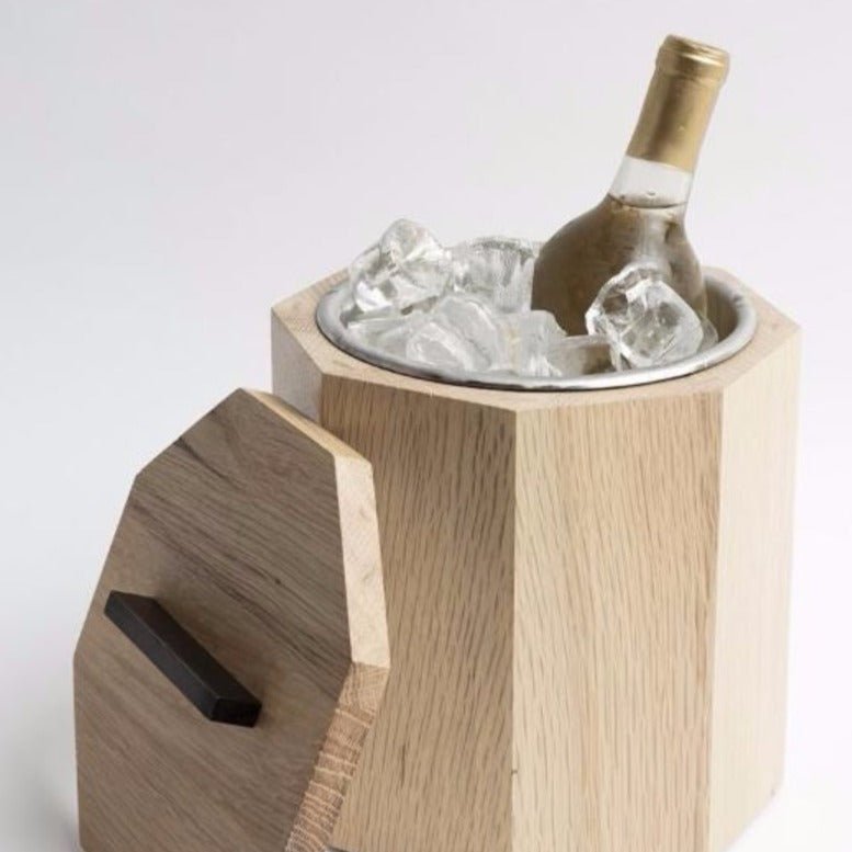 Wooden Ice Bucket holding white wine