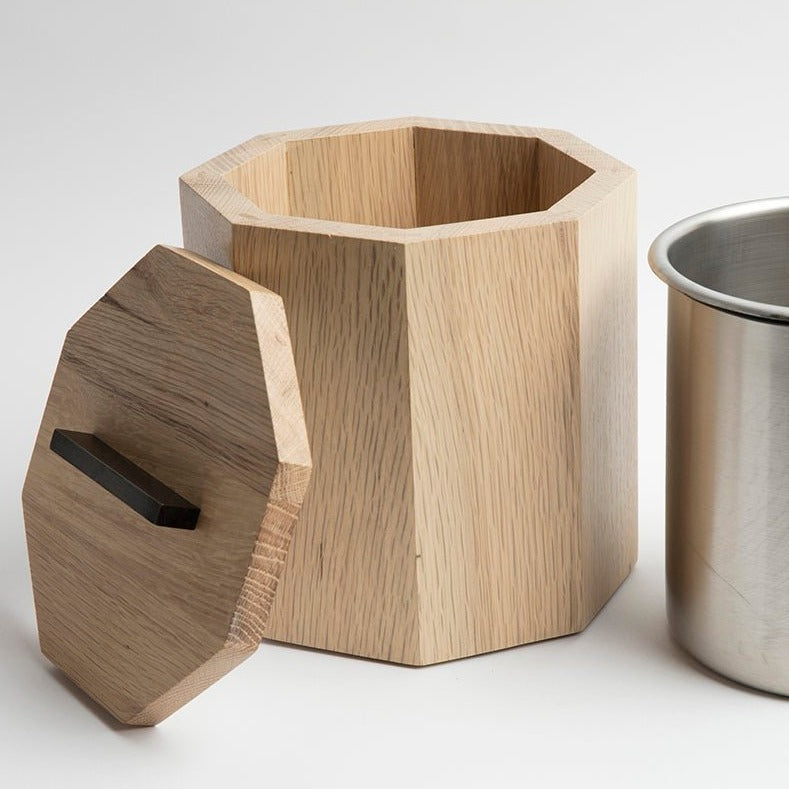 Wooden Ice Bucket showing removable stainless steel insert