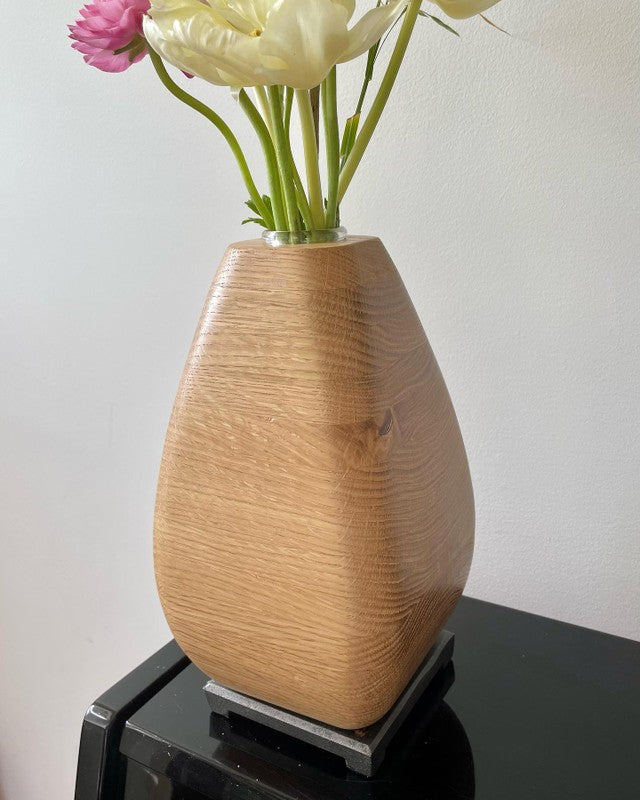 White Oak Wooden Vase with Bronze Base