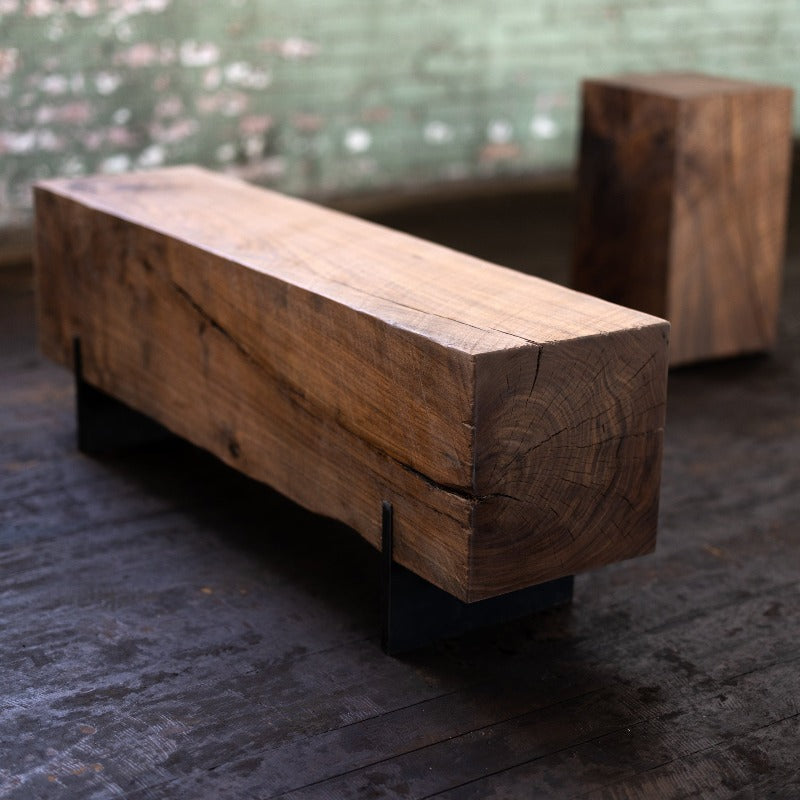 Solid Block Bench Base Walnut Wood Beam Bench Knife Style Steel Base | Reclaimed Solid Natura ...