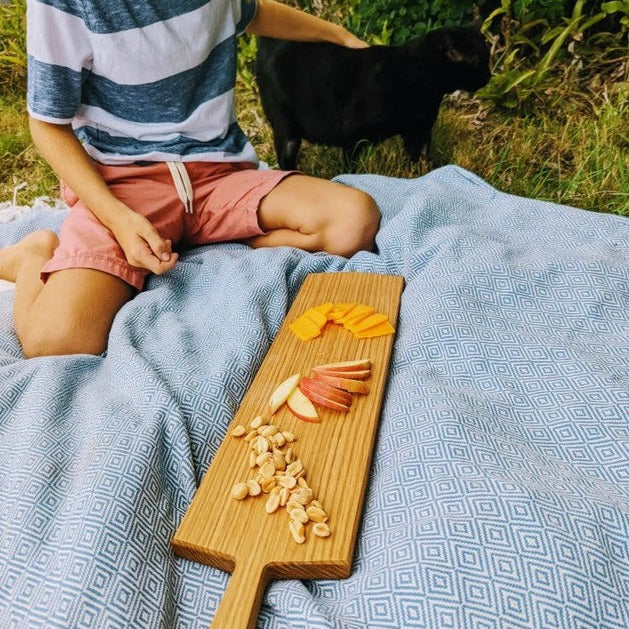Long Charcuterie Board serving appetizers on picnic blanket