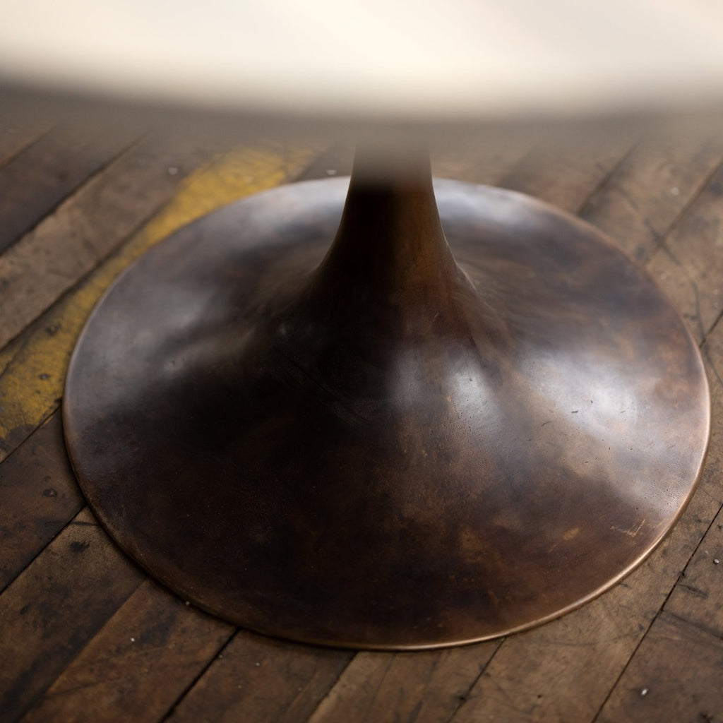 Round Wood and Bronze Pedestal Base Dining Table | Reclaimed Wood Round Dining Table With Cast Bronze "Amicalola" Base