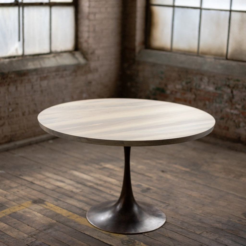 Round Wood and Bronze Pedestal Base Dining Table