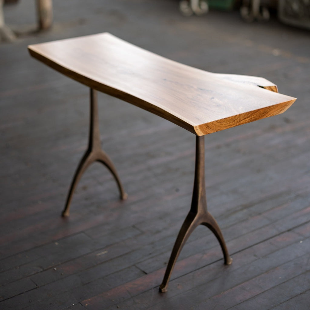 Live Edge Urban Wood and Cast Bronze Console Table | Lakehouse Pedestal Table Elm