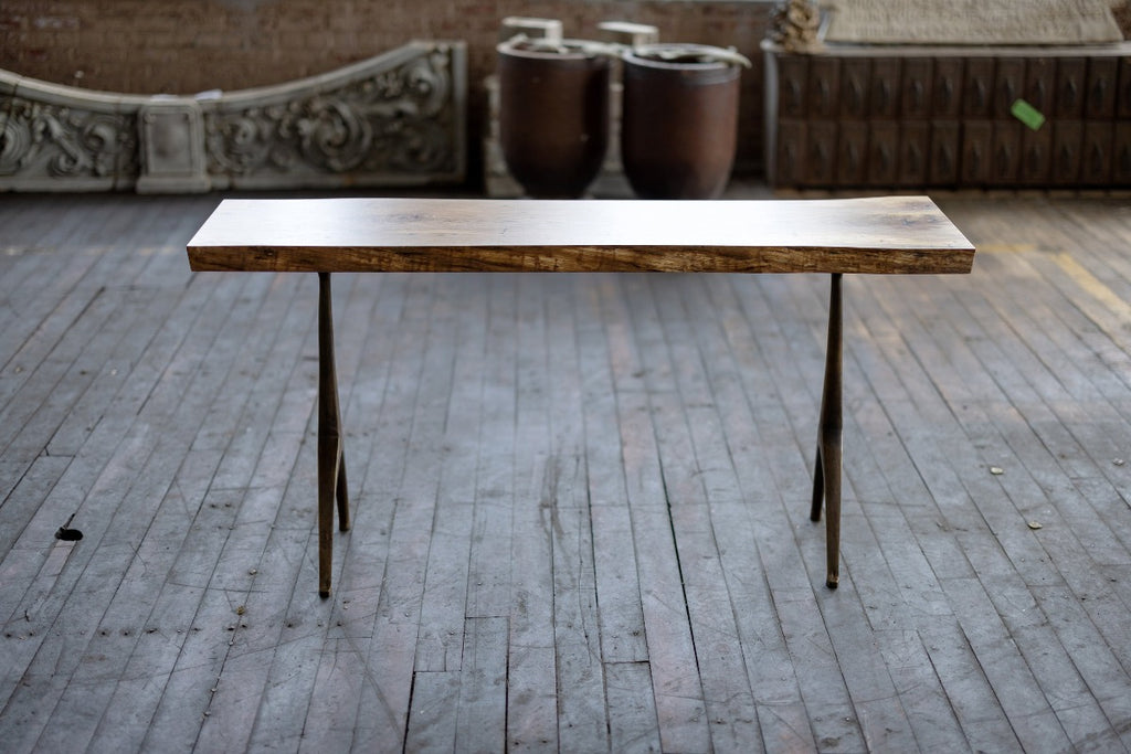 Live Edge Urban Wood and Cast Bronze Console Table | Lakehouse Pedestal Table White Oak