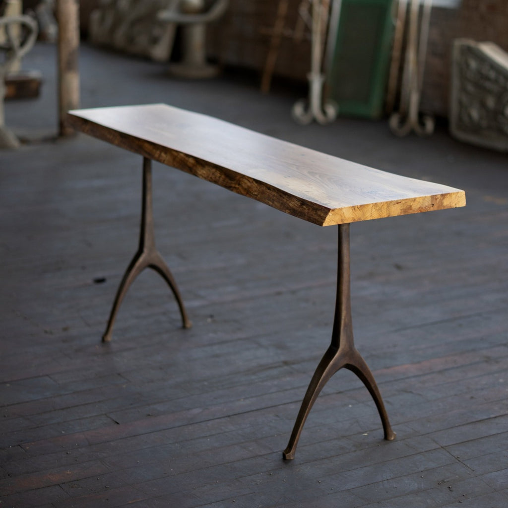 Live Edge Urban Wood and Cast Bronze Console Table | Lakehouse Pedestal Table White Oak