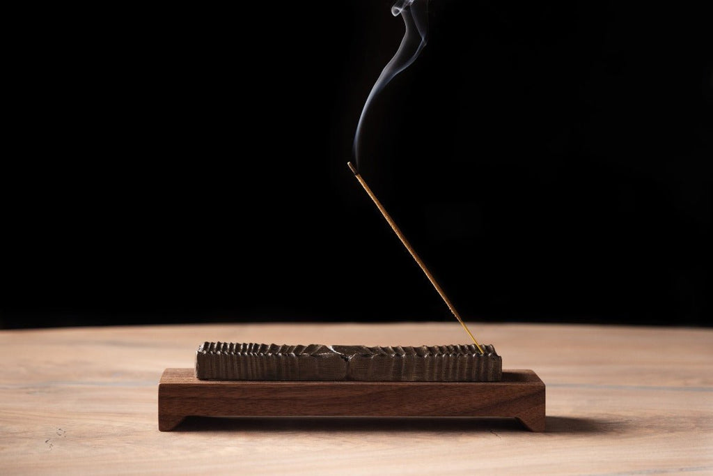 Wooden Incense Holder with Bronze Casting - smoke coming from standing incense stick