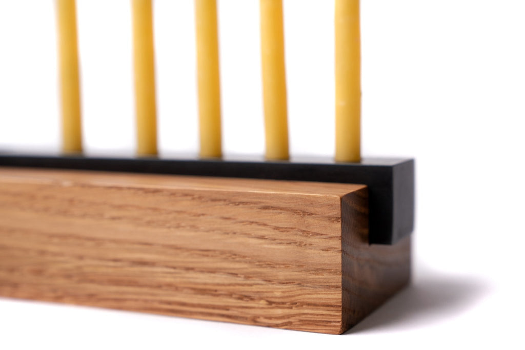 Wood and Steel Menorah with yellow candles