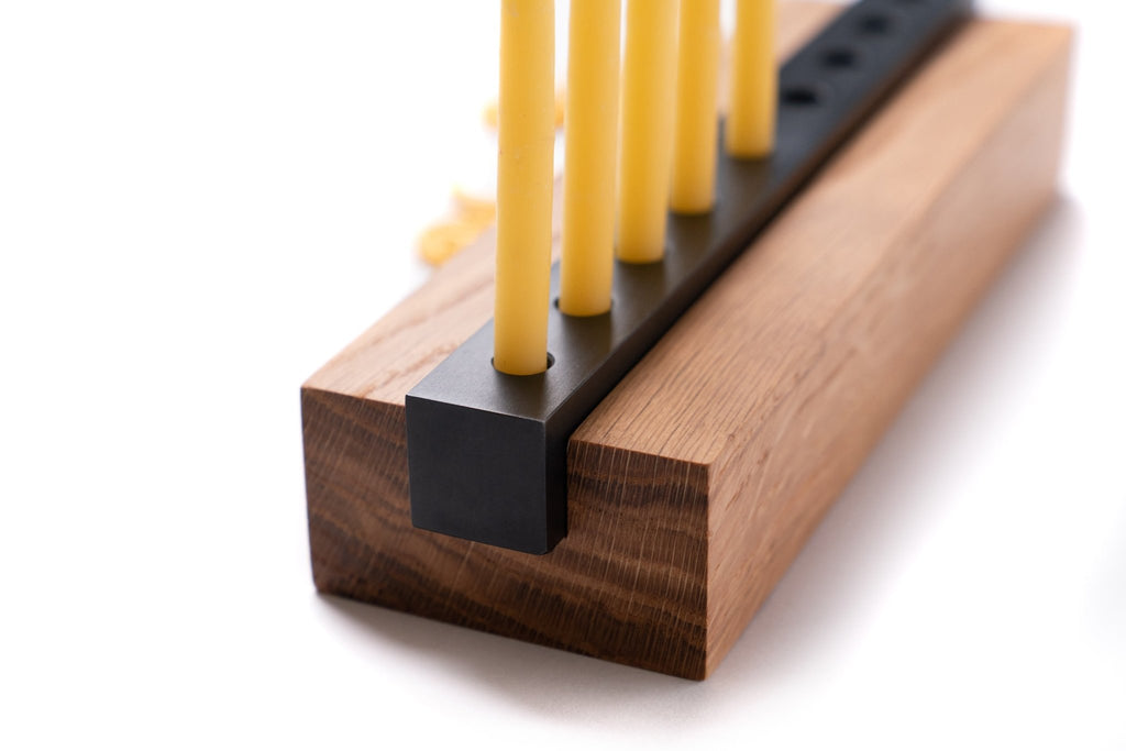 Wood and Steel Menorah with yellow candles