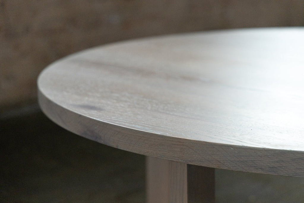 Round Grey Wood Coffee Table in Stained Urban Oak | Orchard Table - Alabama Sawyer