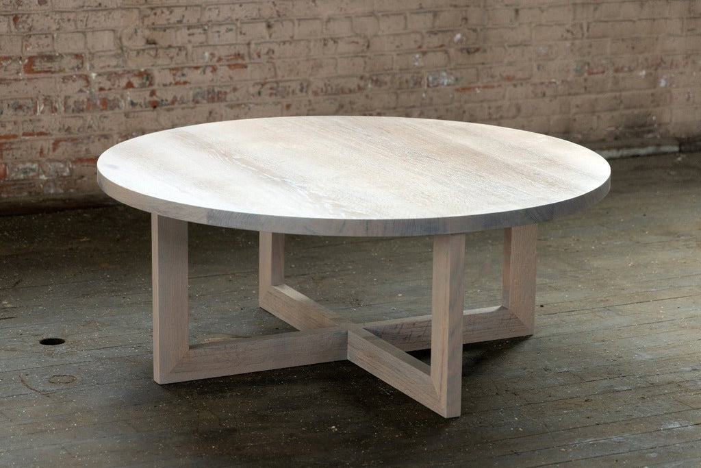 Round Grey Wood Coffee Table in Stained Urban Oak | Orchard Table - Alabama Sawyer