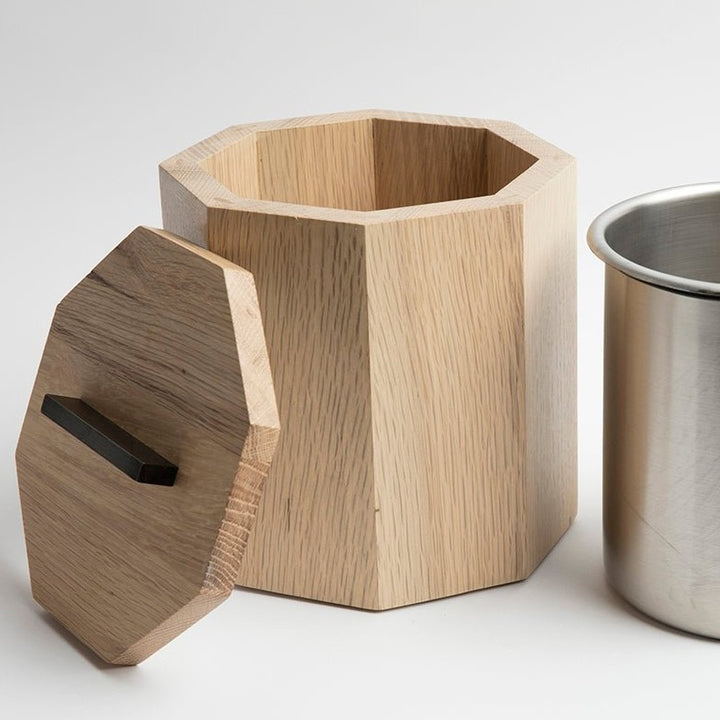 Wooden Ice Bucket showing removable stainless steel insert