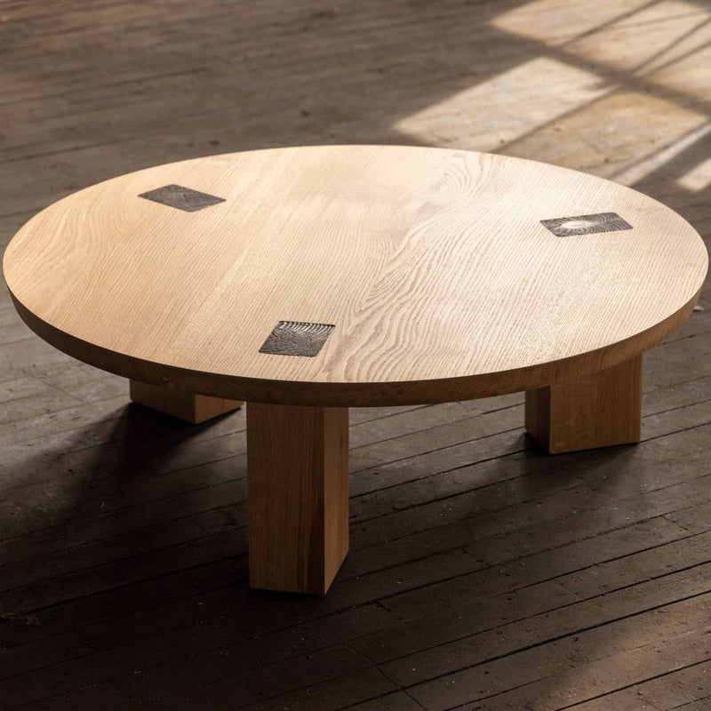 Winston Coffee Table | Round Wood and Bronze Table in White Oak - Alabama Sawyer